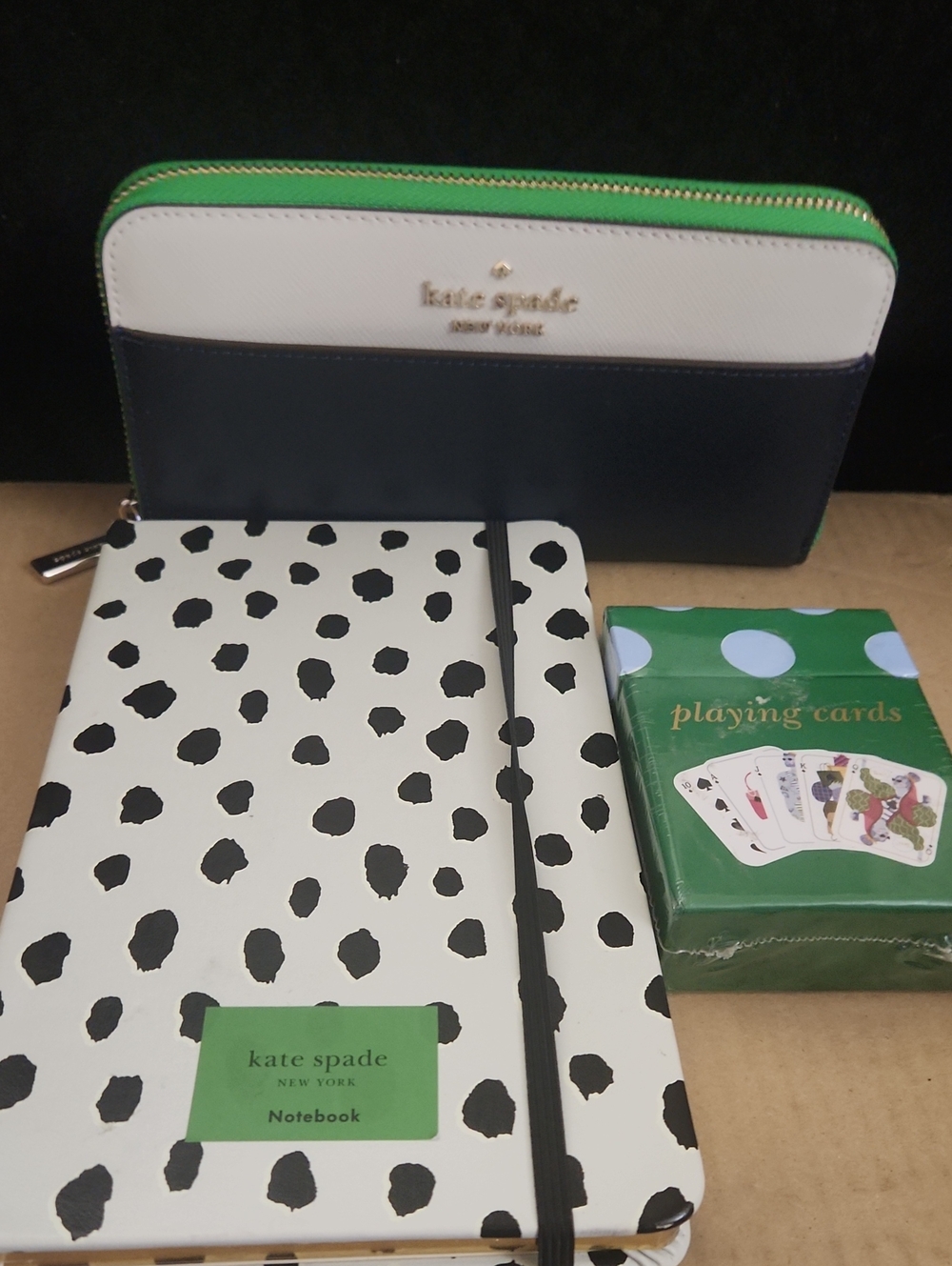 3 Piece kate spade Navy & Green Zip Wallet, Deck Of Cards & Note Book